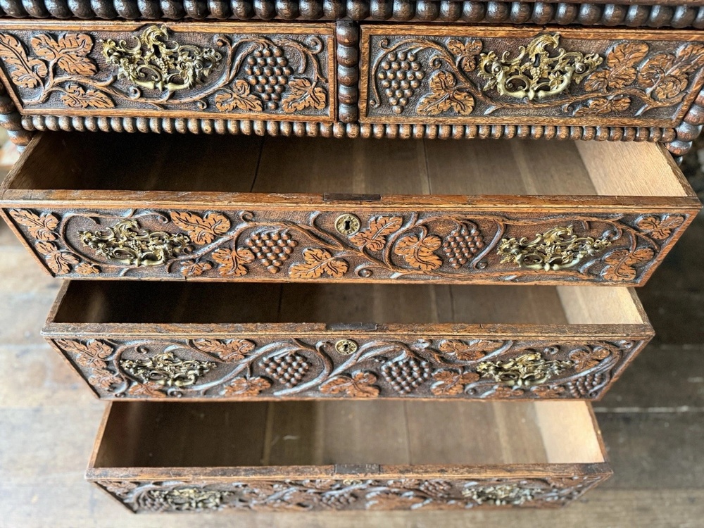 Antique Oak Victorian Jacobean Revival Dresser Hand Carved Chest On Stand 1870 C