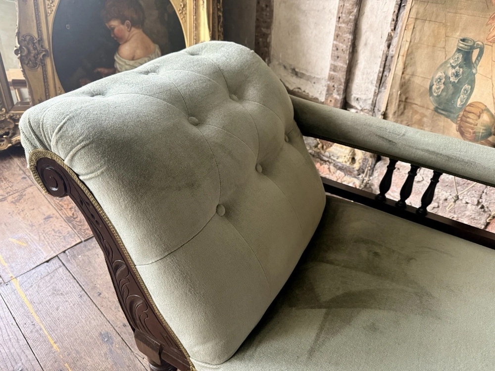 Fine Antique Mahogany Sage Green Velvet Day Bed Chaise Lounge Longue 1880 C