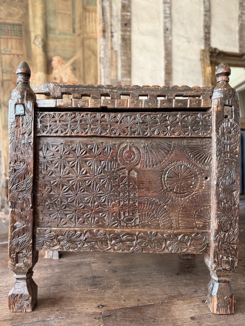 Rare Antique Swat Valley Pakistan Wedding Marriage Rustic Carved Indian Dowry Chest
