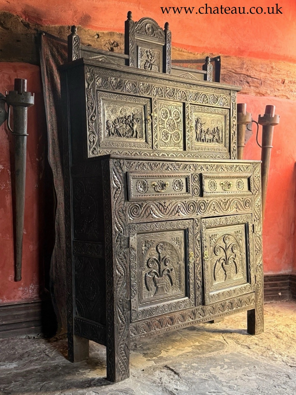 Rare Jacobean antique Oak Hand Carved Folk Art Cabinet Buffet Cupboard 1600's