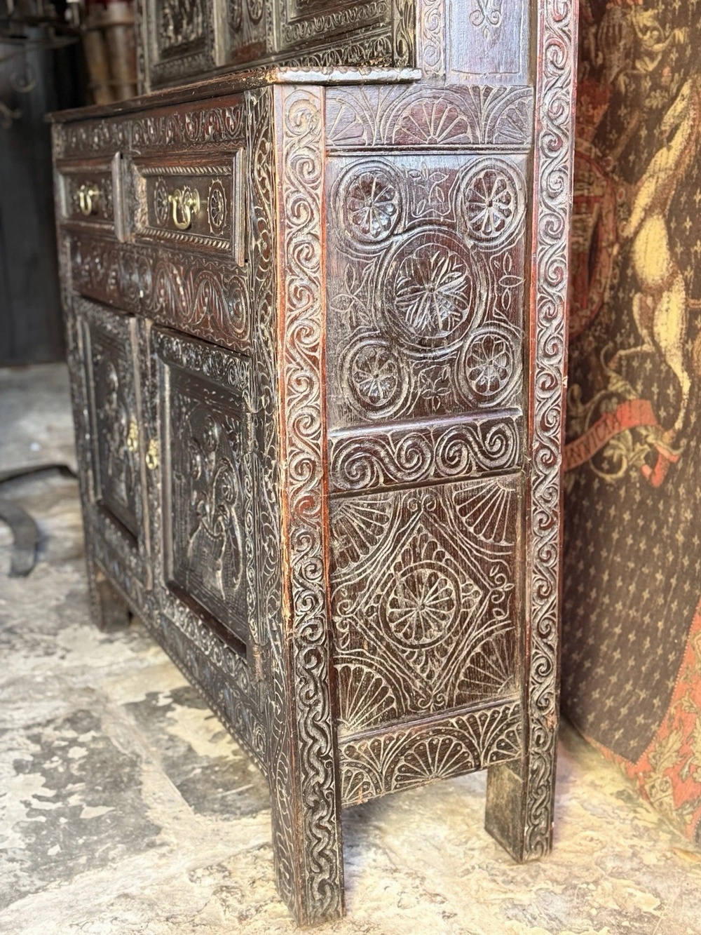 Rare Jacobean antique Oak Hand Carved Folk Art Cabinet Buffet Cupboard 1600's
