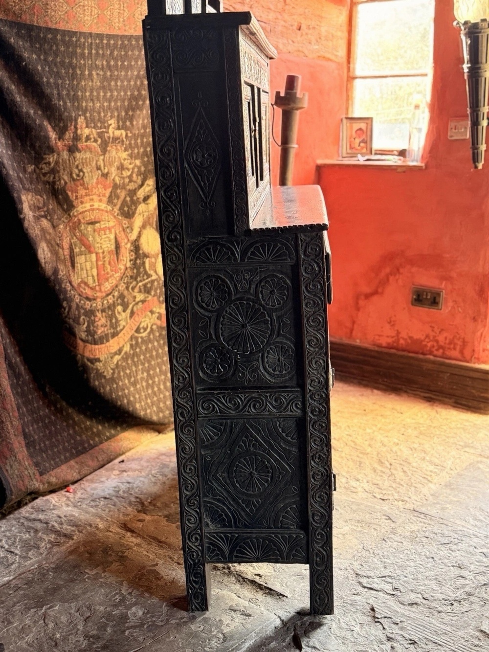 Rare Jacobean antique Oak Hand Carved Folk Art Cabinet Buffet Cupboard 1600's