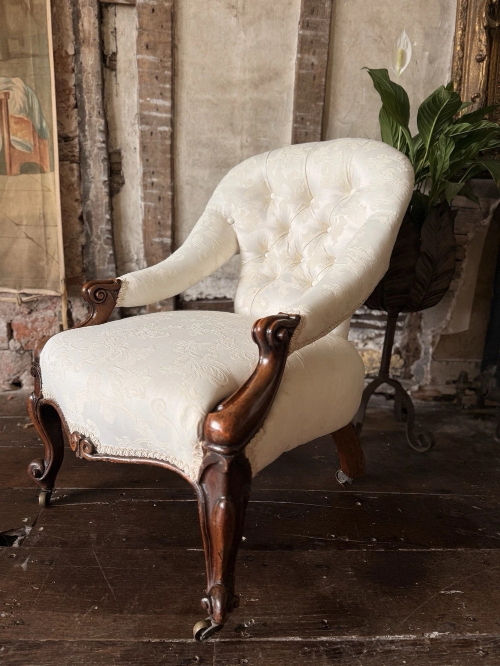 Antique Rosewood Ivory Cream Lady's Library Reading Fireside Nursing Armchair Chair - Recently re-upholstered