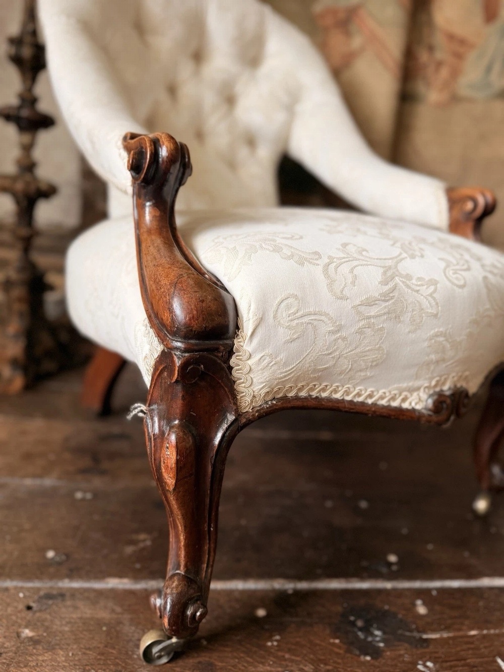 Antique Rosewood Ivory Cream Lady's Library Reading Fireside Nursing Armchair Chair - Recently re-upholstered
