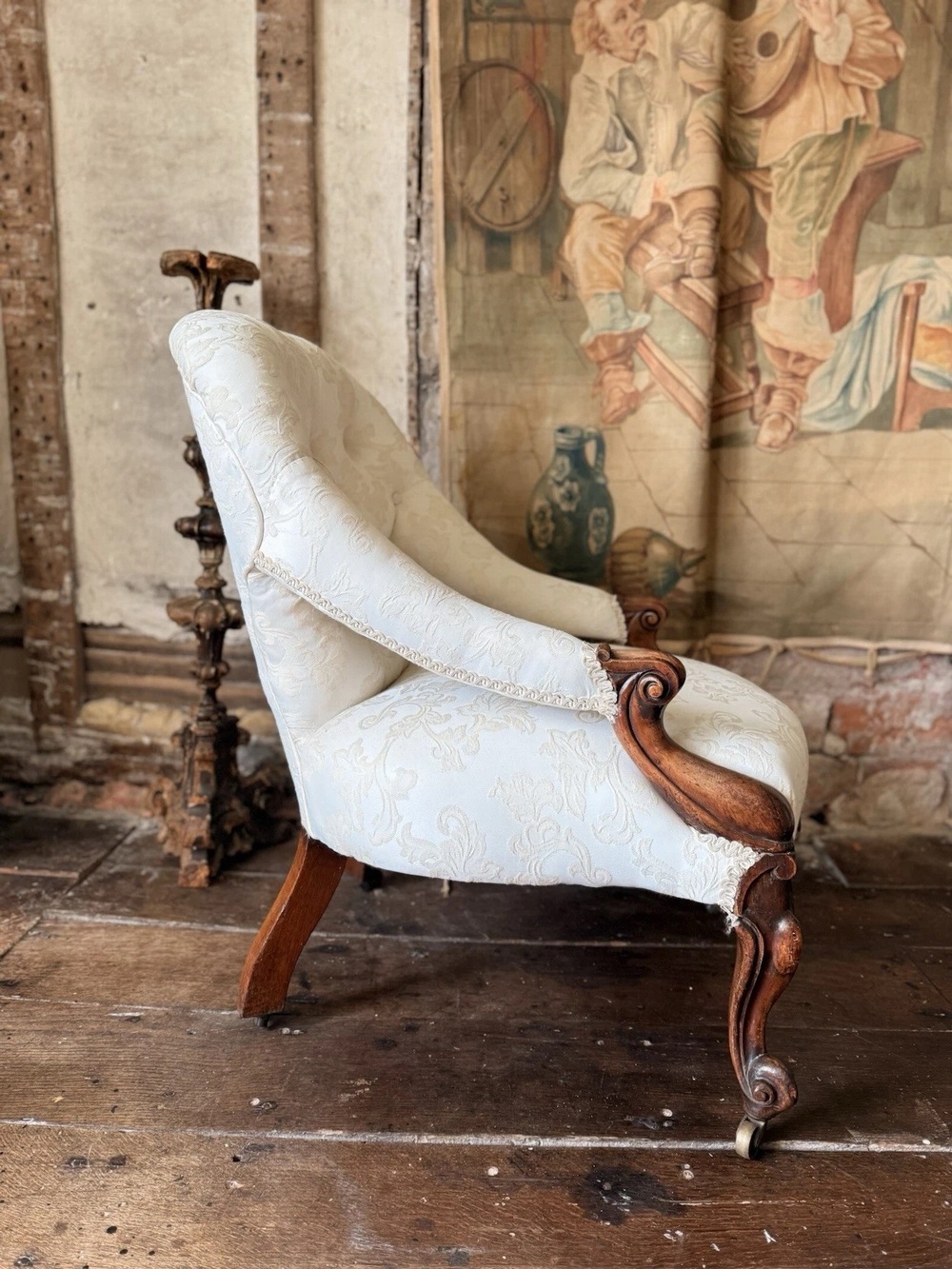 Antique Rosewood Ivory Cream Lady's Library Reading Fireside Nursing Armchair Chair - Recently re-upholstered