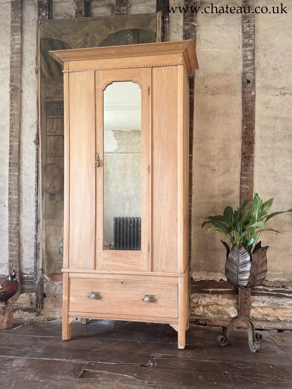 Rustic Farmhouse Antique pine Single Wardrobe with Drawer & Shelves 1890 C