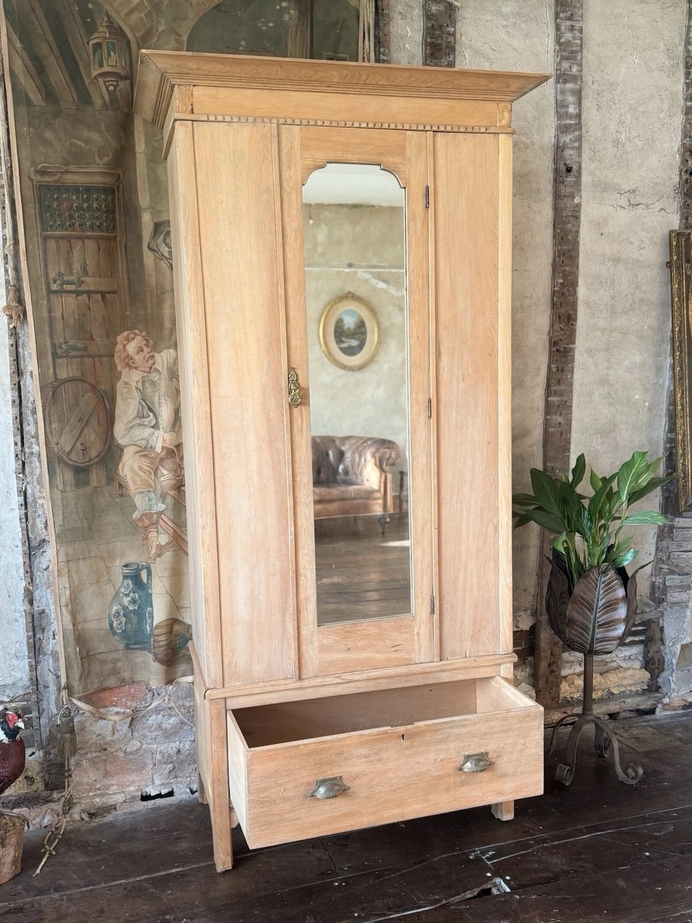 Rustic Farmhouse Antique pine Single Wardrobe with Drawer & Shelves 1890 C