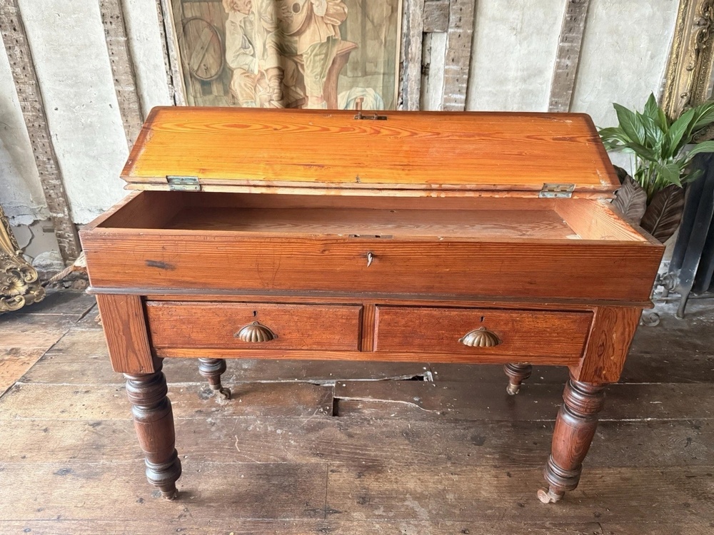 Antique Pitch Pine Rustic Farmhouse (Richard Smith) School Table Office Desk 1860 C
