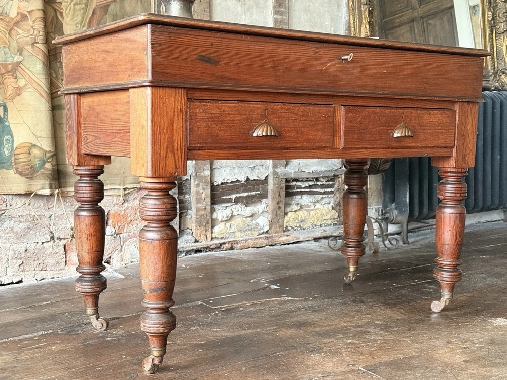 Antique Pitch Pine Rustic Farmhouse (Richard Smith) School Table Office Desk 1860 C