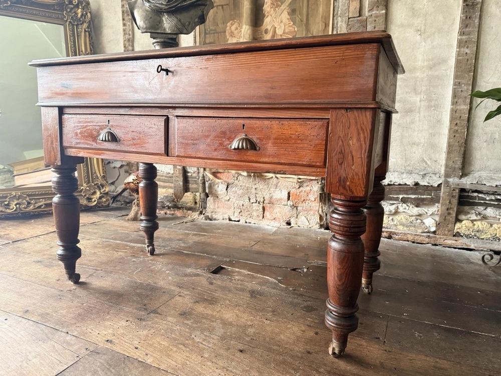 Antique Pitch Pine Rustic Farmhouse (Richard Smith) School Table Office Desk 1860 C