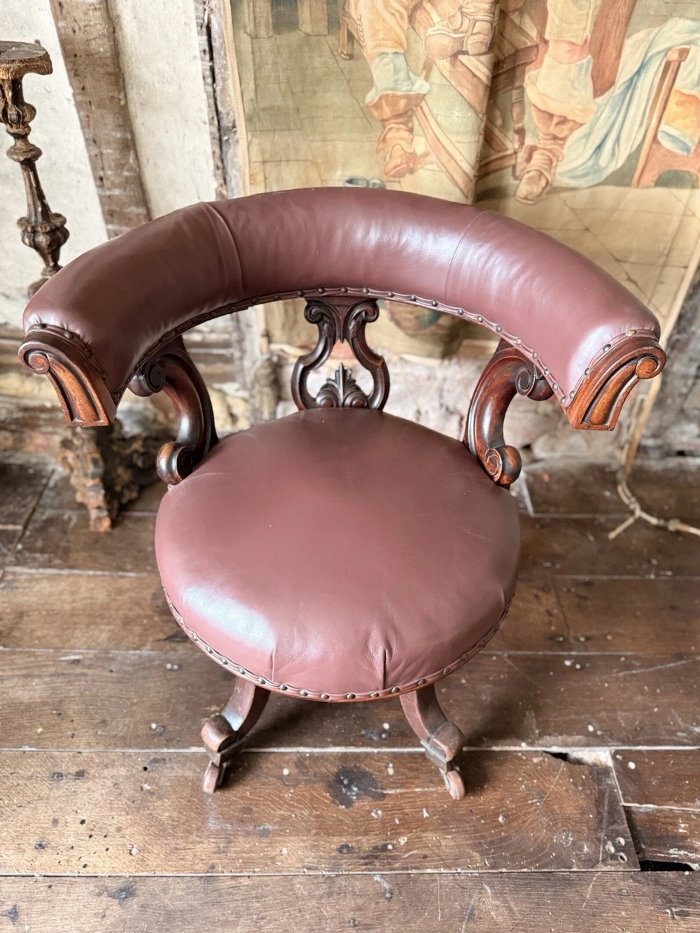 Antique Mahogany Brown Leather Victorian Office Desk Horseshoe Chair 1880c