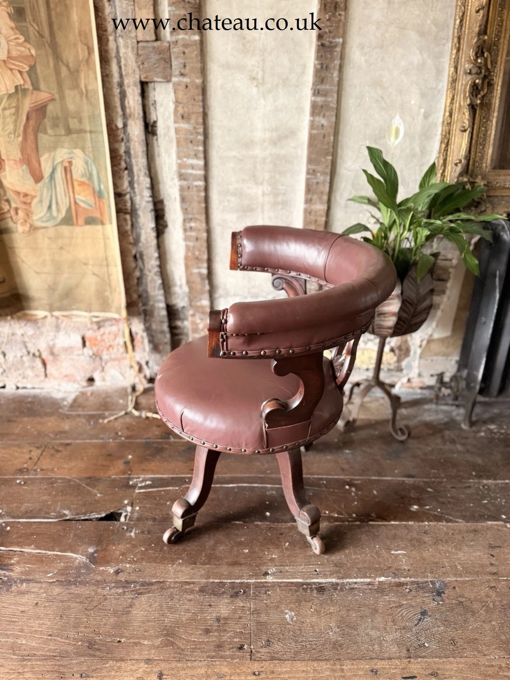 Antique Mahogany Brown Leather Victorian Office Desk Horseshoe Chair 1880c