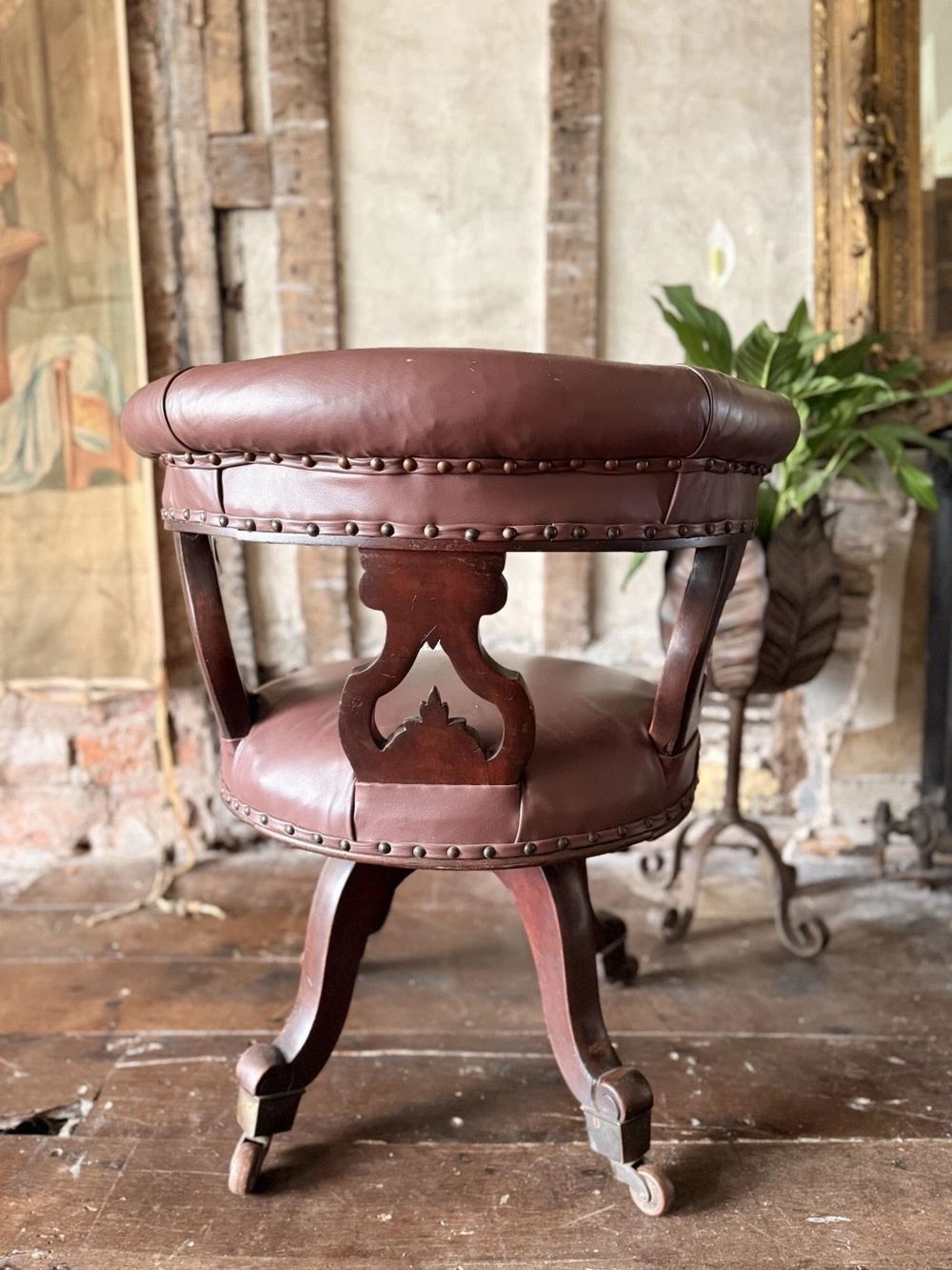 Antique Mahogany Brown Leather Victorian Office Desk Horseshoe Chair 1880c