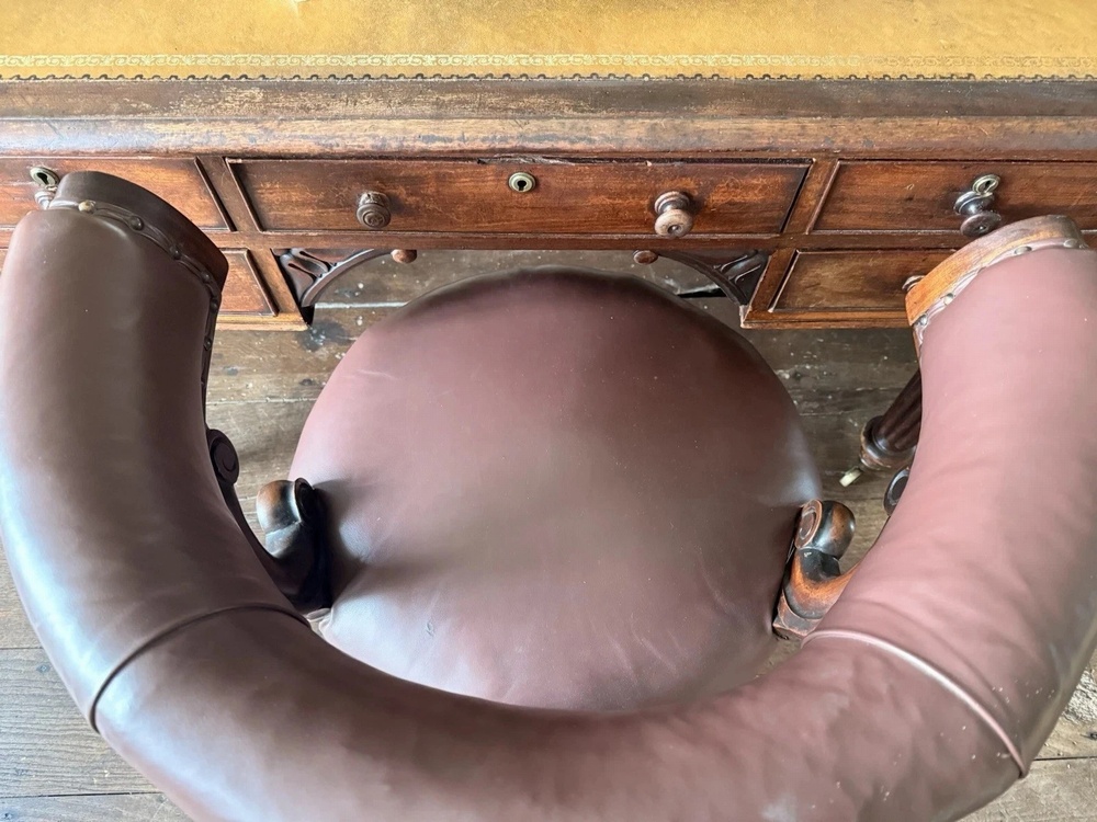 Antique Mahogany Brown Leather Victorian Office Desk Horseshoe Chair 1880c