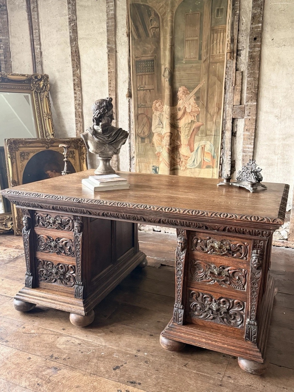 Exceptional Collectors Rare Antique Oak Rustic Carved Pedestal Provincial Desk 1870 Circa