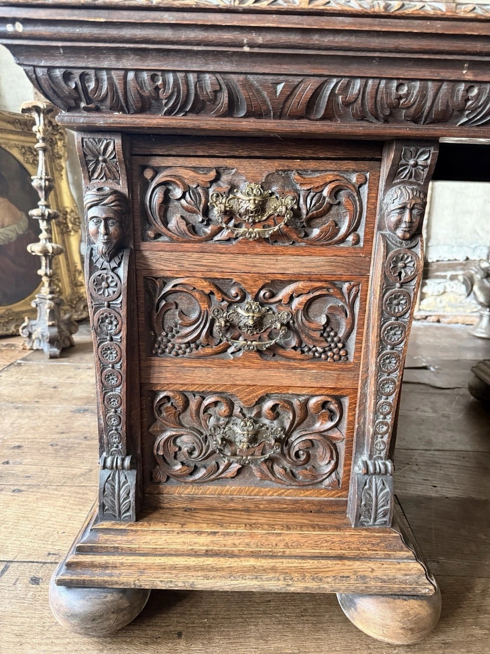 Exceptional Collectors Rare Antique Oak Rustic Carved Pedestal Provincial Desk 1870 Circa