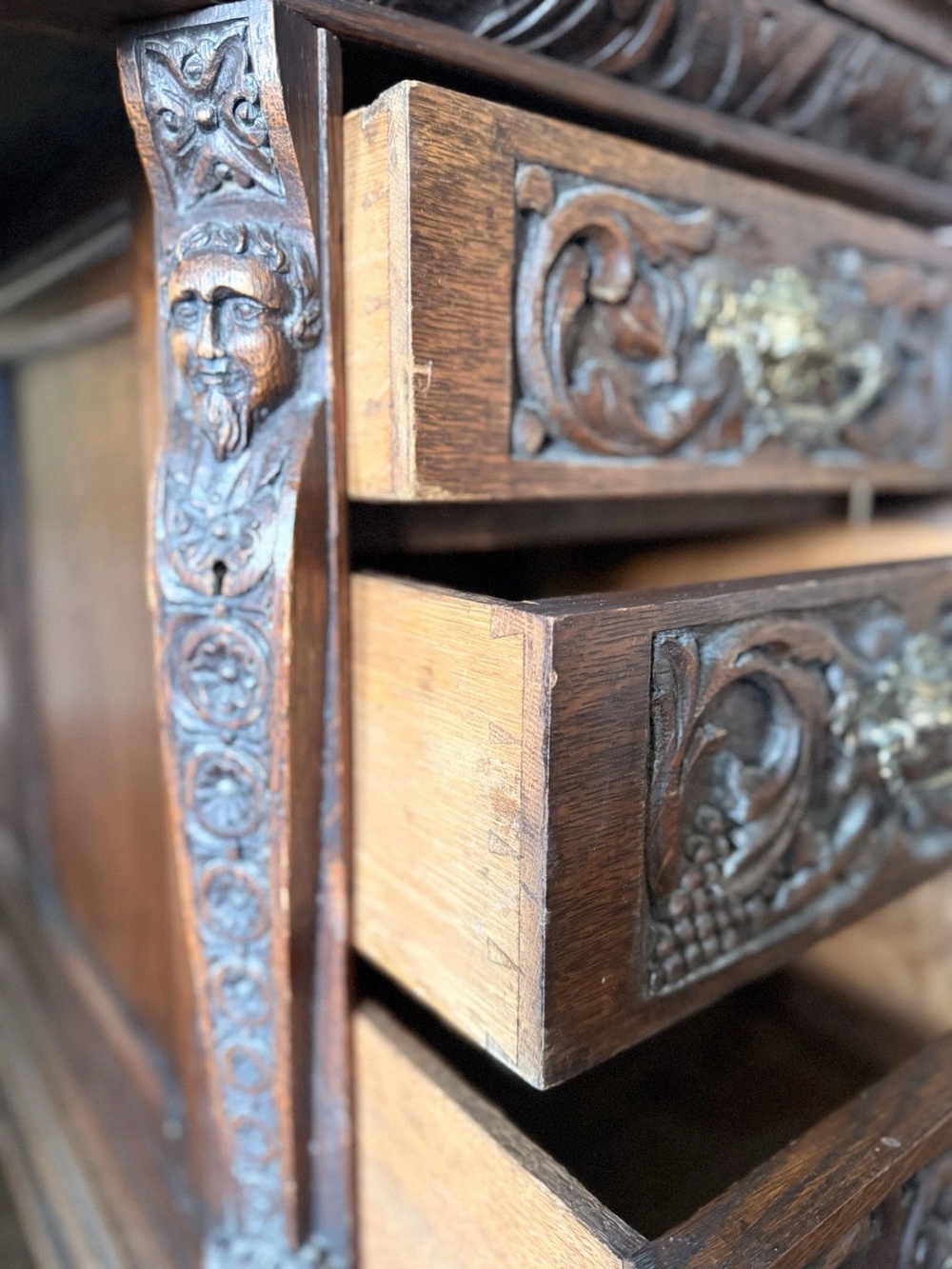 Exceptional Collectors Rare Antique Oak Rustic Carved Pedestal Provincial Desk 1870 Circa