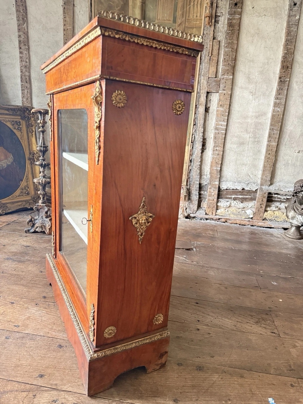 Exceptional Antique Walnut Glass English Pier Ormolu Cabinet w/ Gallery 1870
