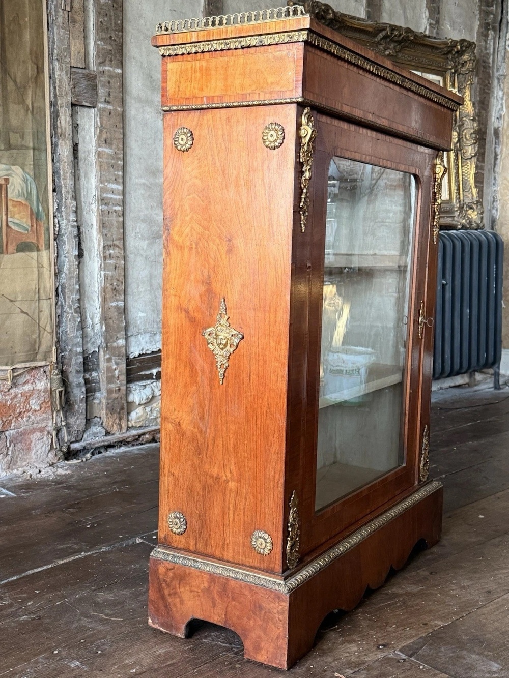 Exceptional Antique Walnut Glass English Pier Ormolu Cabinet w/ Gallery 1870