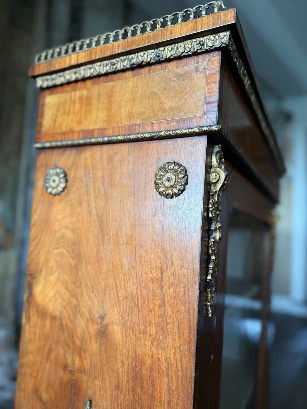 Exceptional Antique Walnut Glass English Pier Ormolu Cabinet w/ Gallery 1870