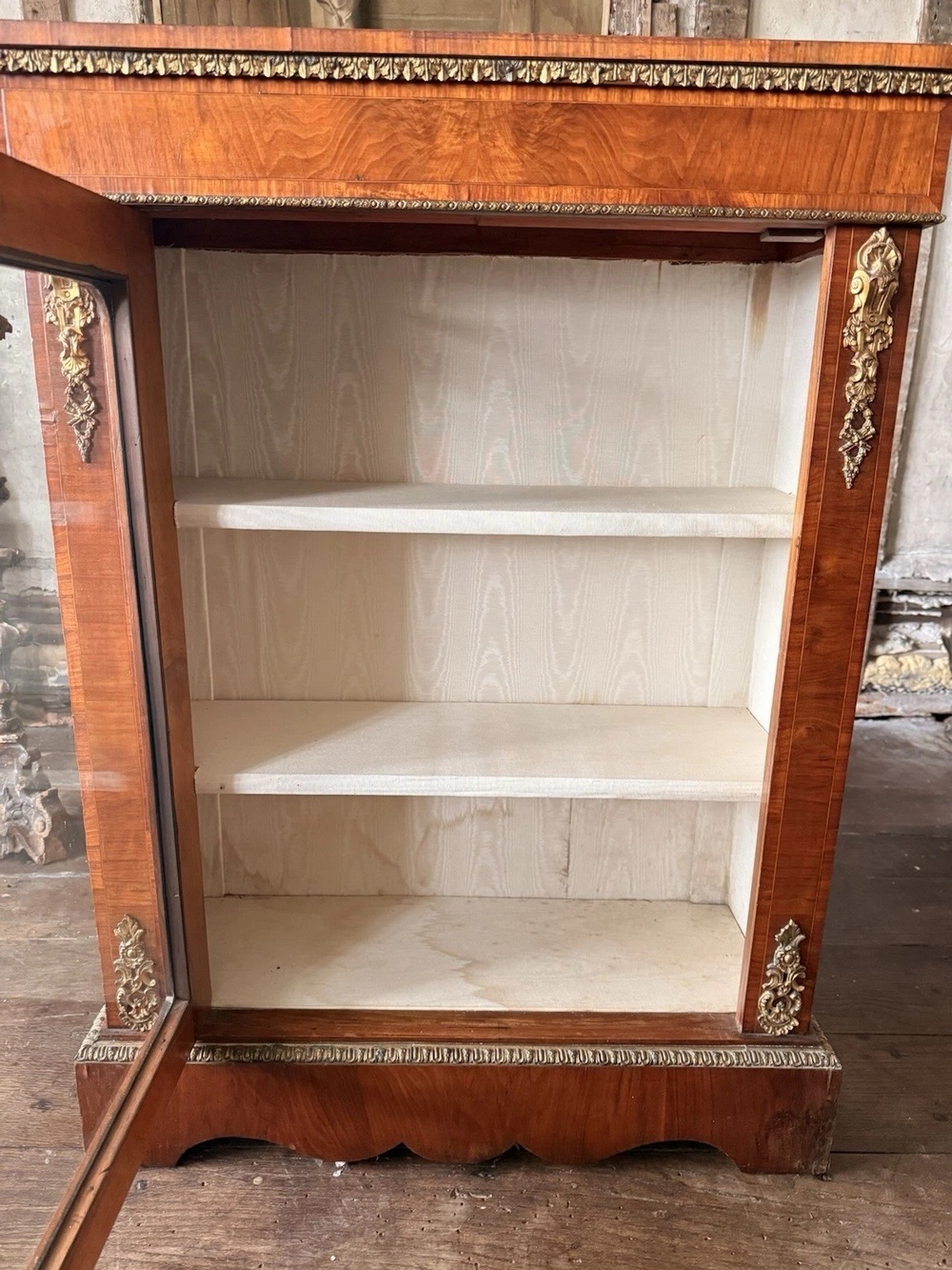 Exceptional Antique Walnut Glass English Pier Ormolu Cabinet w/ Gallery 1870