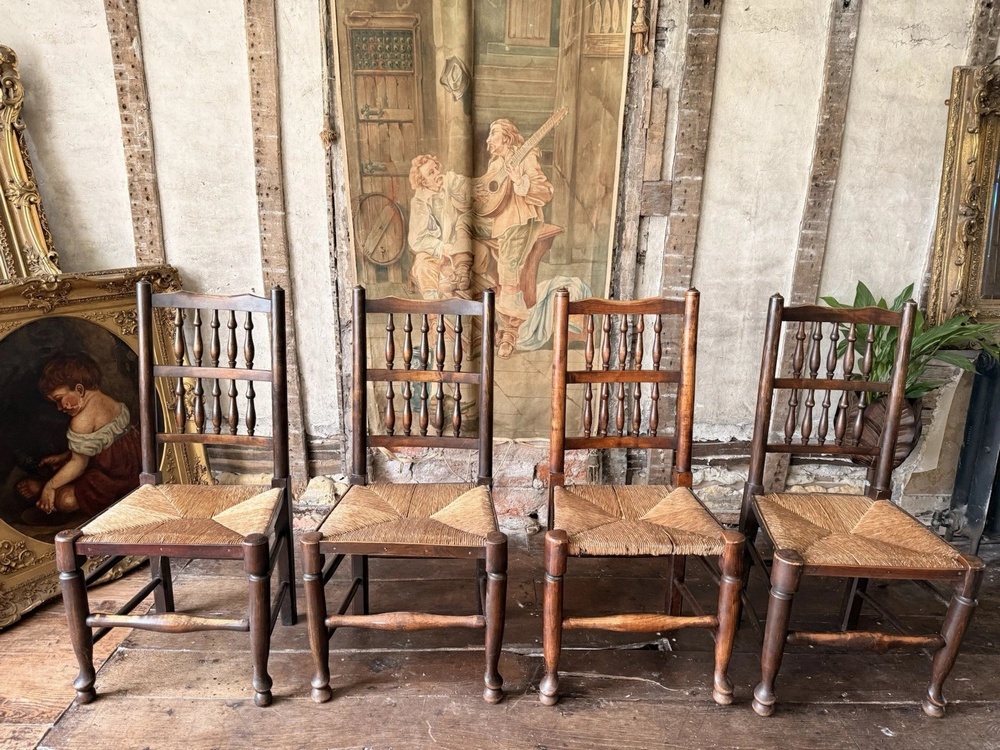 Matching Antique Farmhouse Rustic Rush Lancashire Ladder Back Elbow Chairs x 6