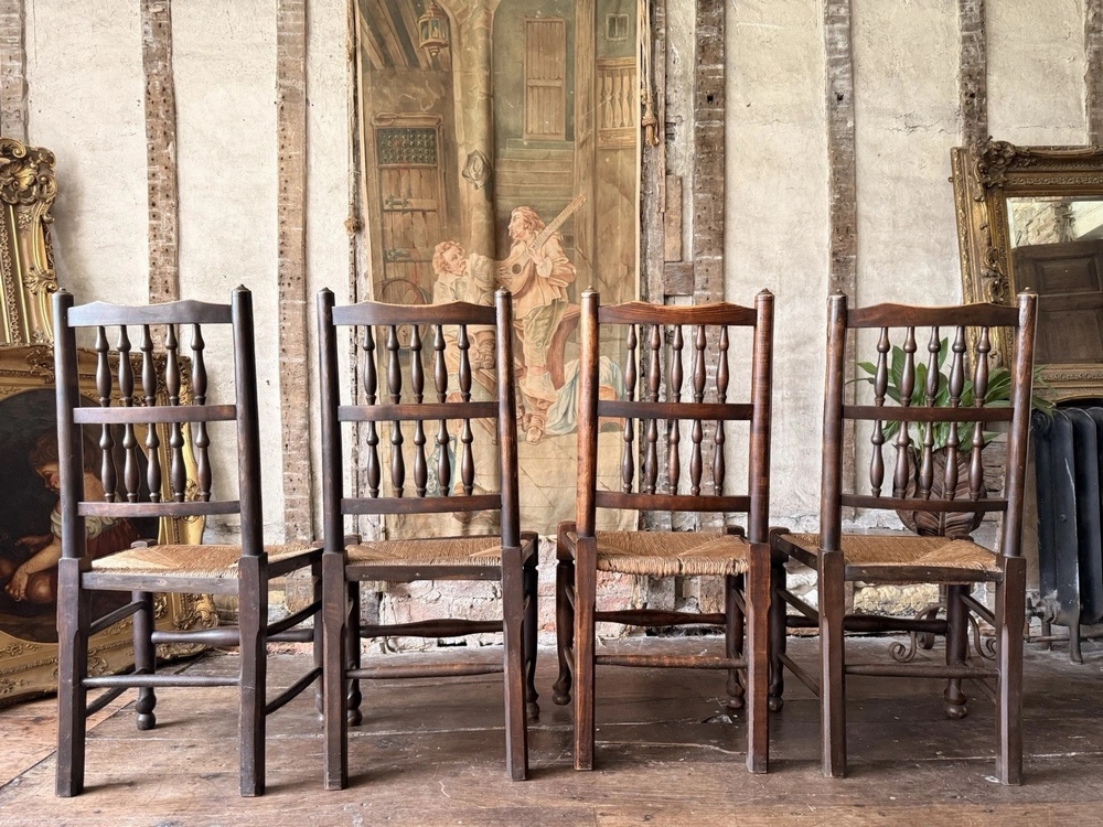 Matching Antique Farmhouse Rustic Rush Lancashire Ladder Back Elbow Chairs x 6