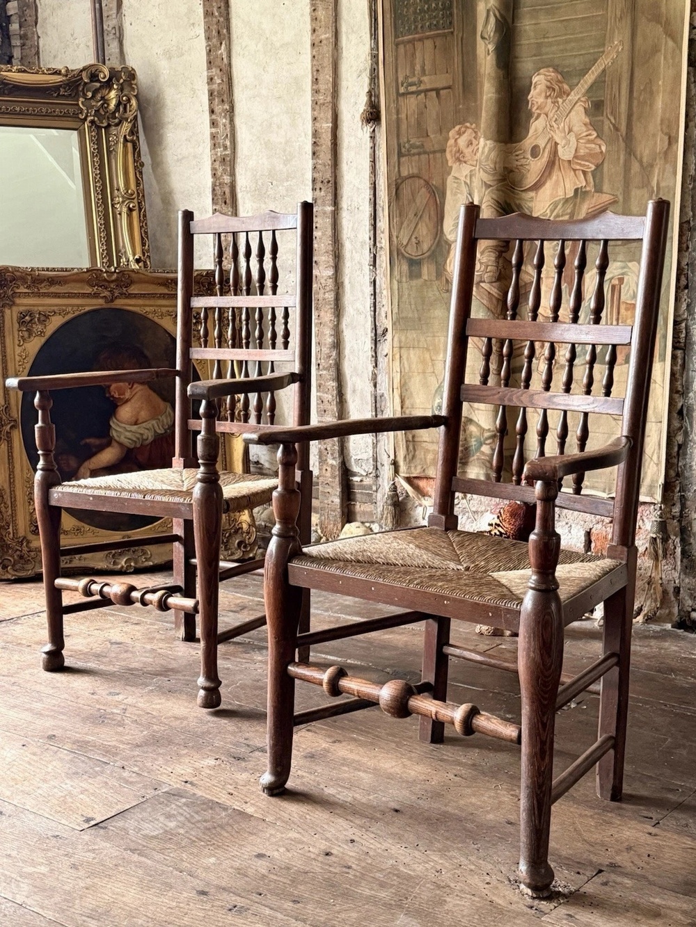 Matching Antique Farmhouse Rustic Rush Lancashire Ladder Back Elbow Chairs x 6