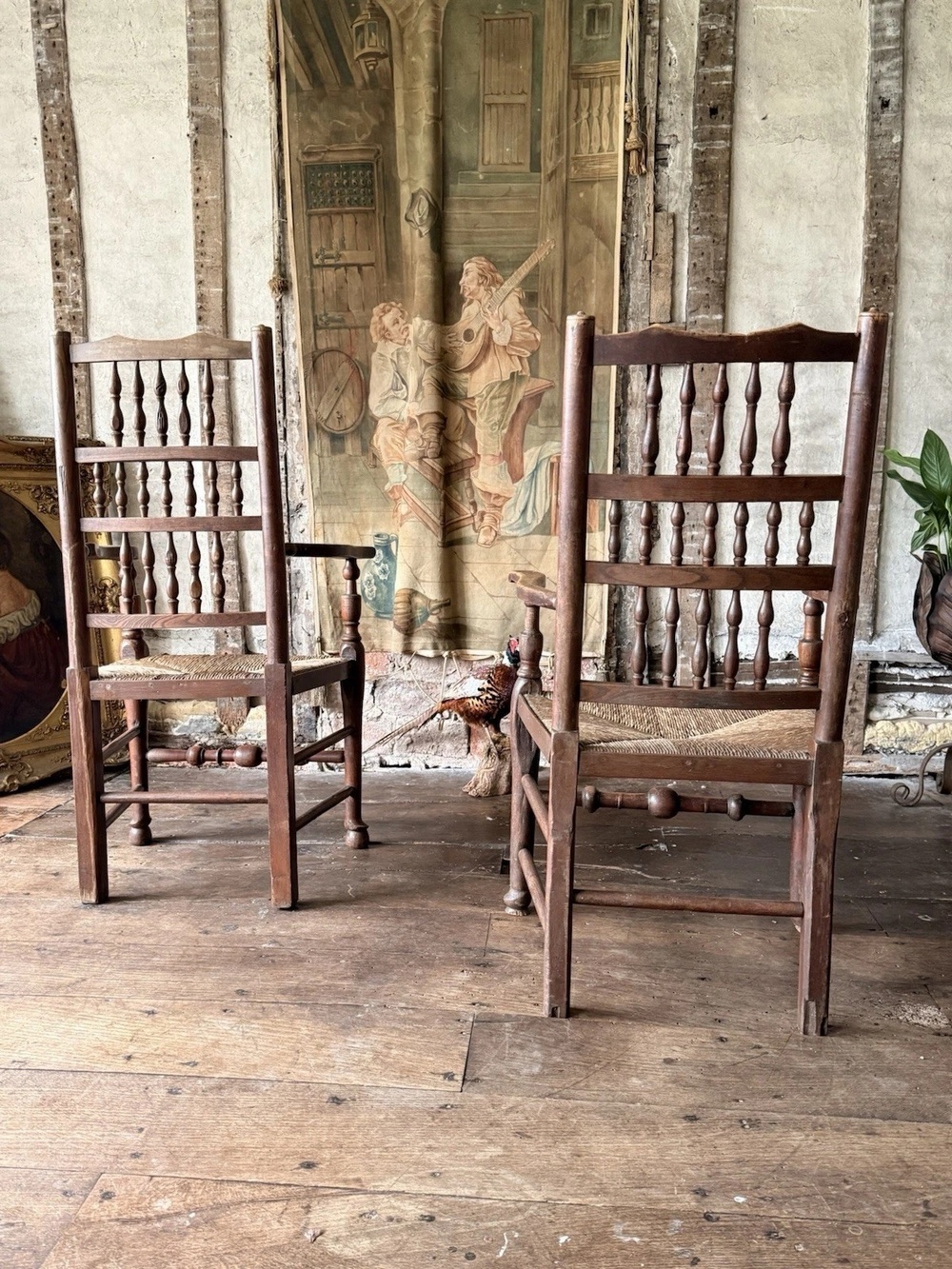 Matching Antique Farmhouse Rustic Rush Lancashire Ladder Back Elbow Chairs x 6