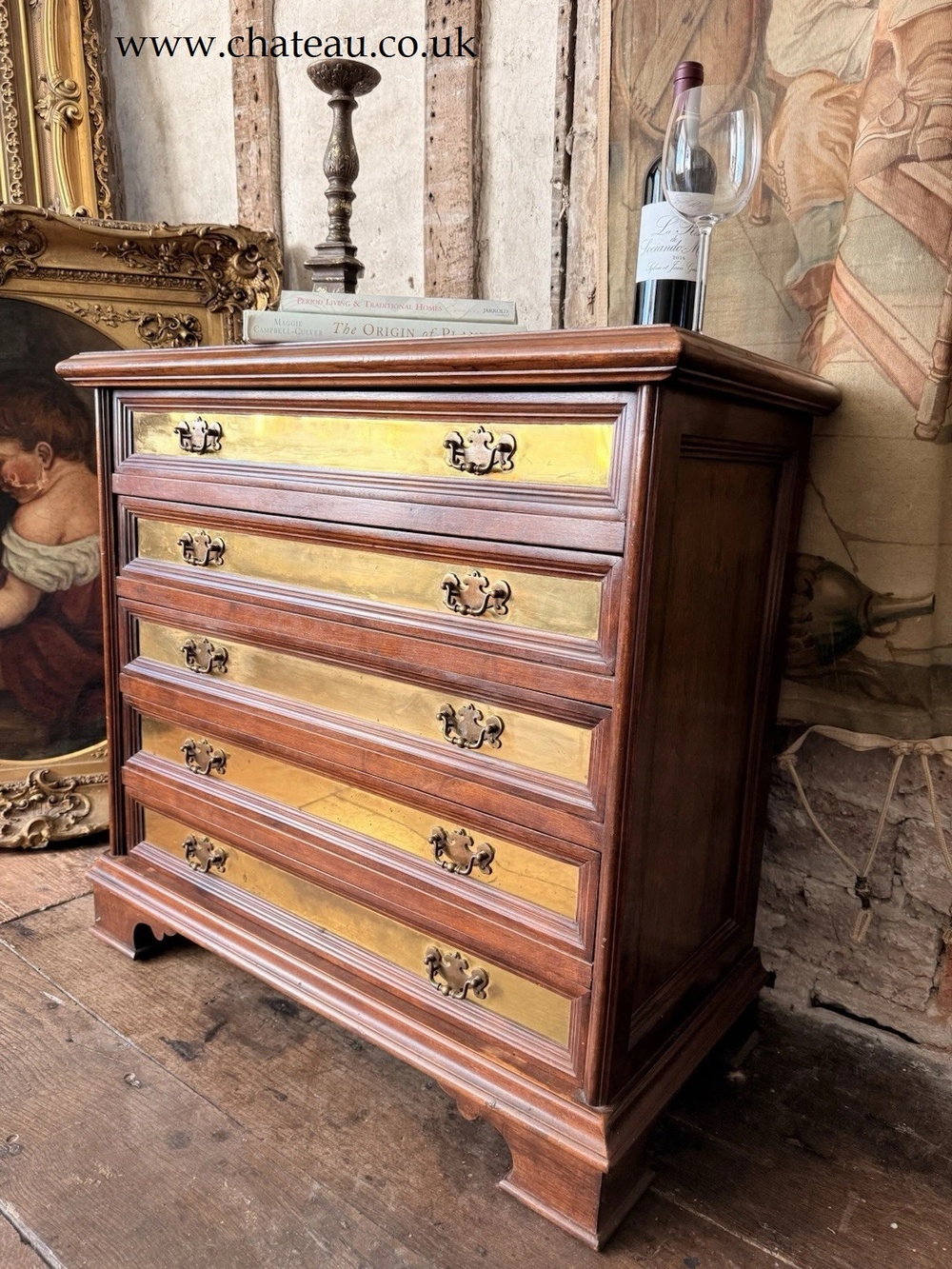 Vintage Rare Collectable Campaign Canalata Art Deco Brass inlays Chest Of Drawers 1960 C