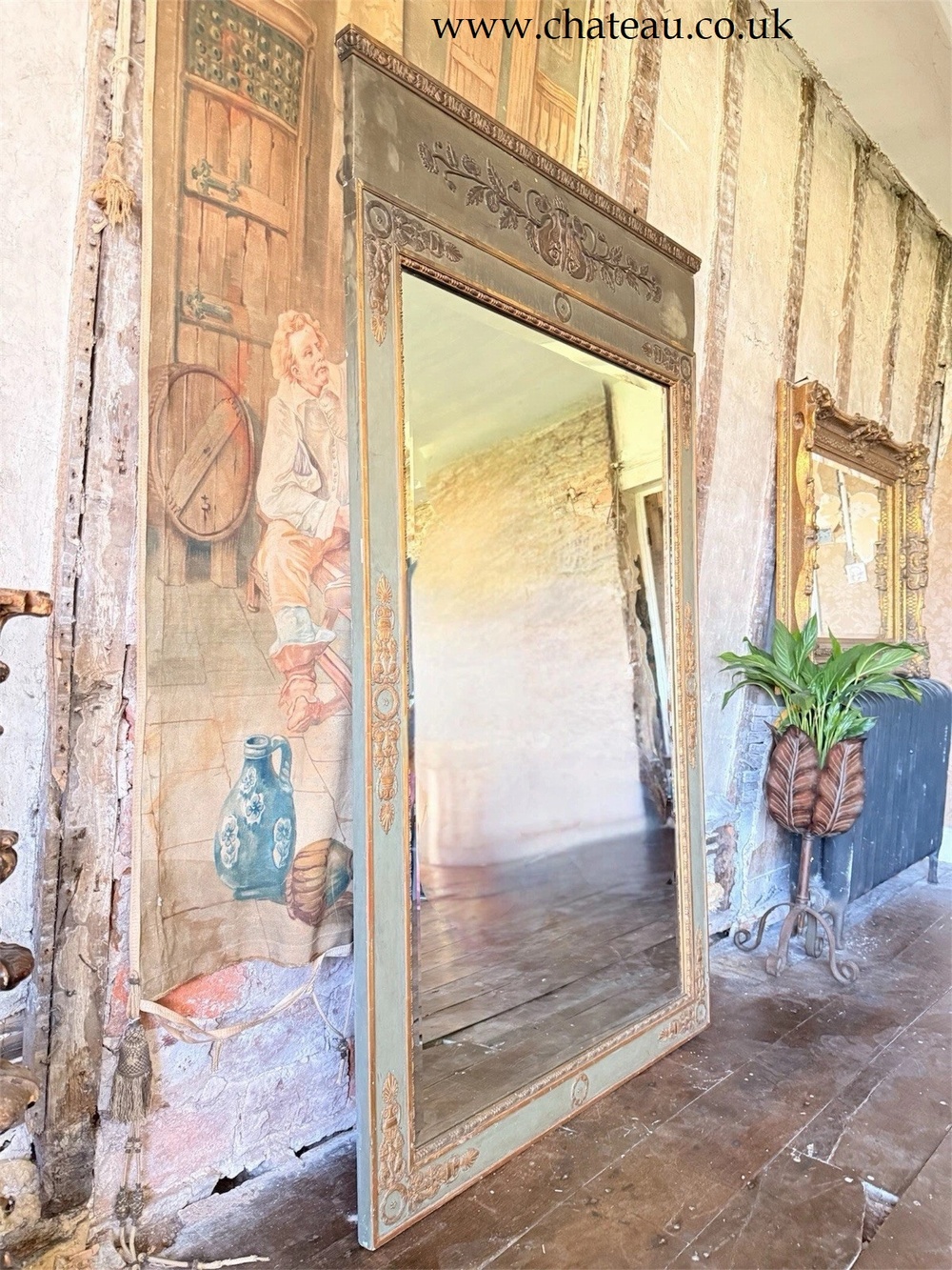 Large Green Gold Louis XVI Style Trumeau Mirror – Gilt Wood, Bevelled Plate, English Antique