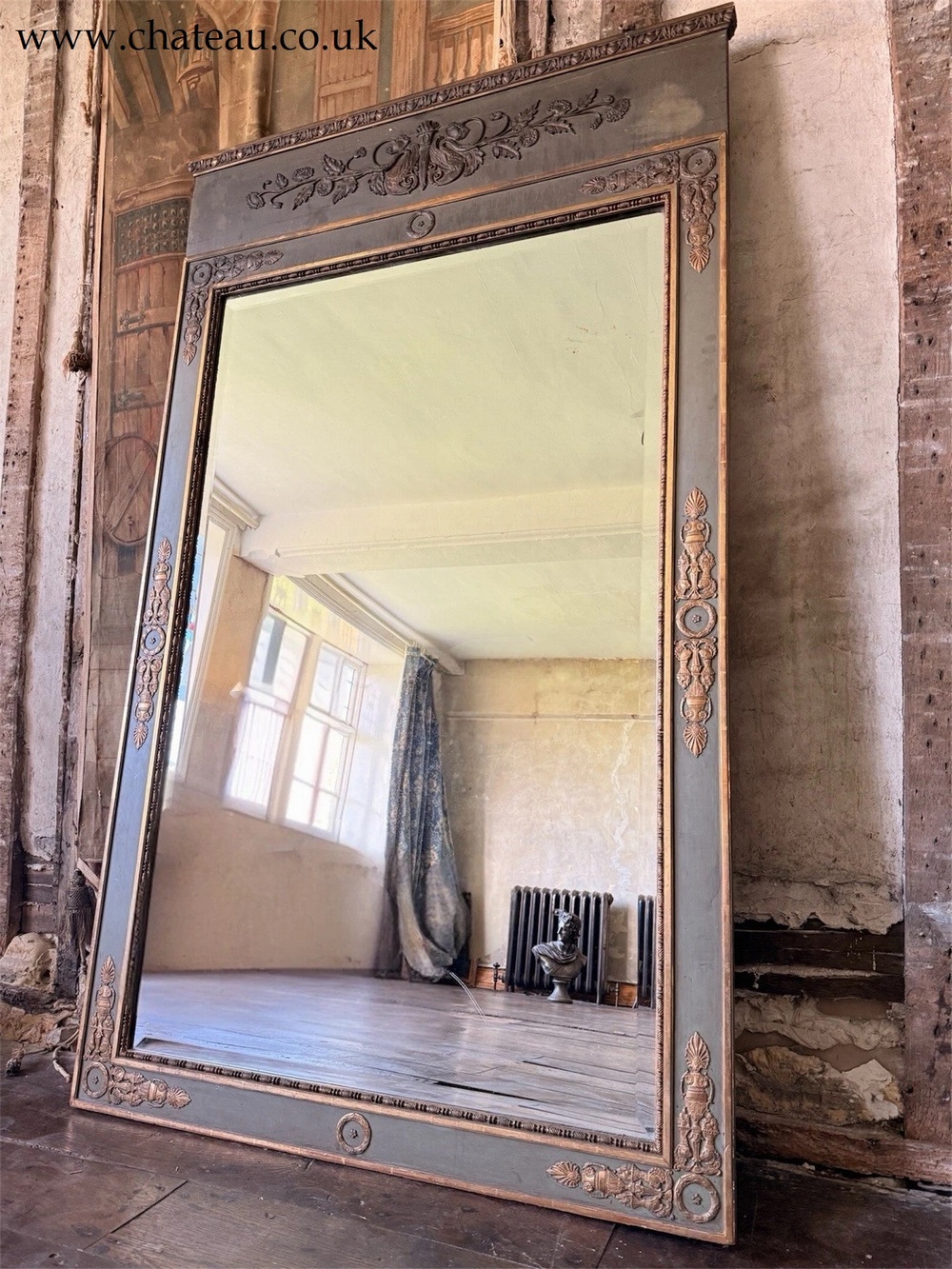 Large Green Gold Louis XVI Style Trumeau Mirror – Gilt Wood, Bevelled Plate, English Antique