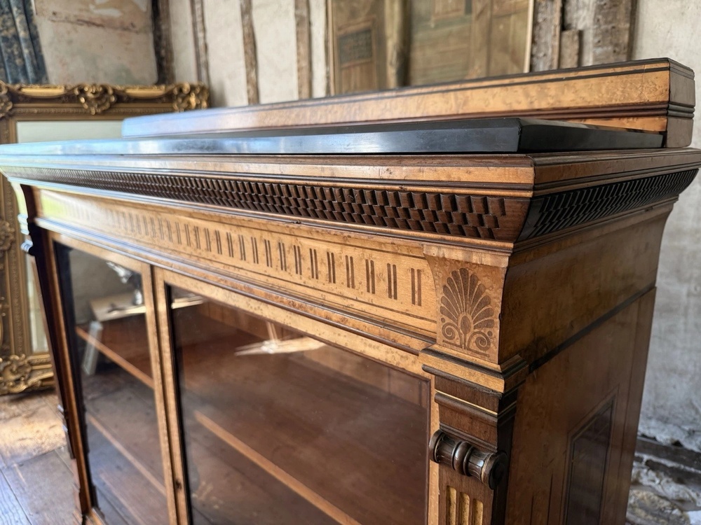 Lamb of Manchester Burr Walnut Antique Display Cabinet Sideboard - Granite Top