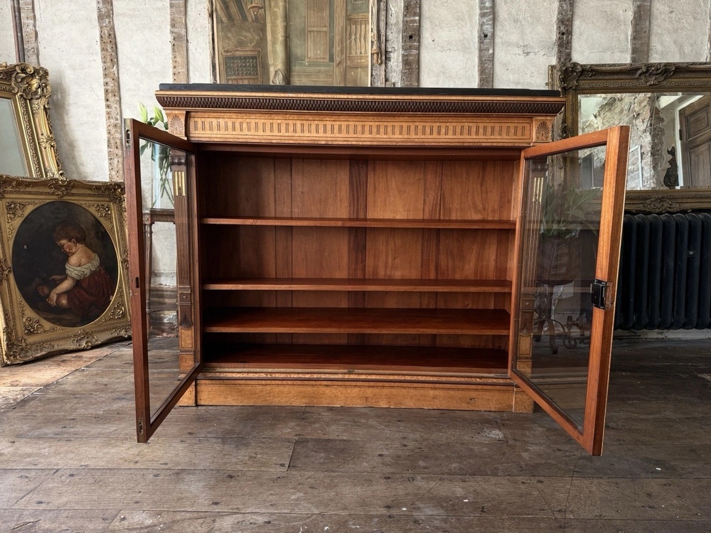 Lamb of Manchester Burr Walnut Antique Display Cabinet Sideboard - Granite Top