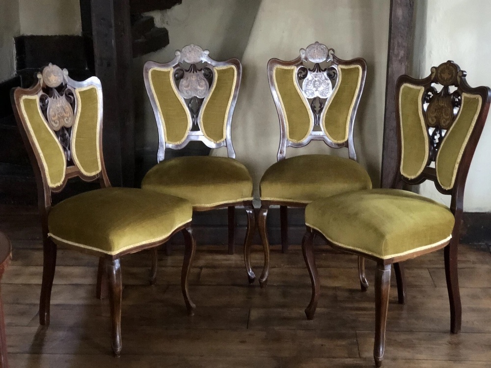 SOLD Quality Unique Original Rare Antique Olive Green and Gilt Marquetry inlaid Edwardian Chairs X 4
