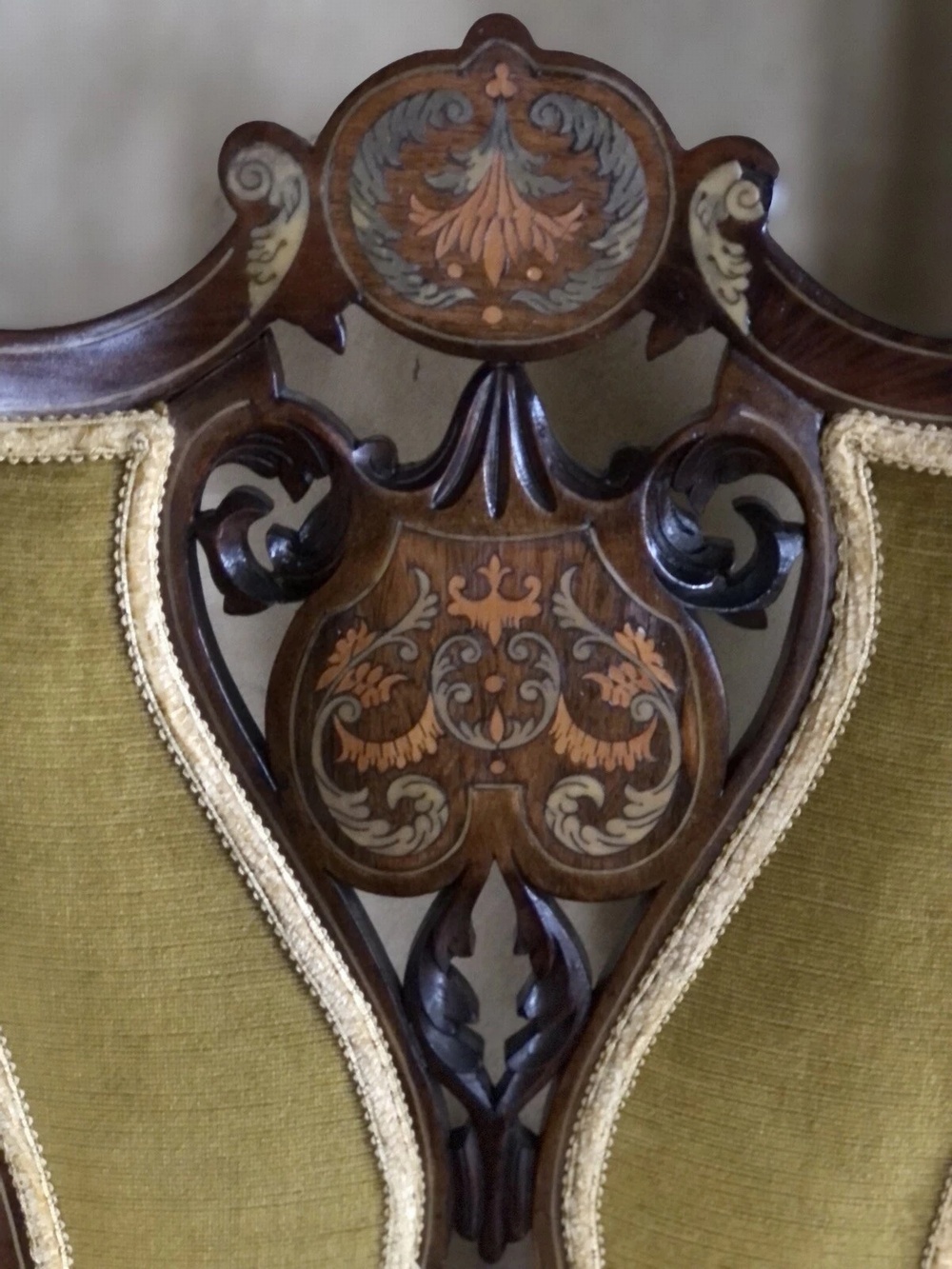 SOLD Quality Unique Original Rare Antique Olive Green and Gilt Marquetry inlaid Edwardian Chairs X 4