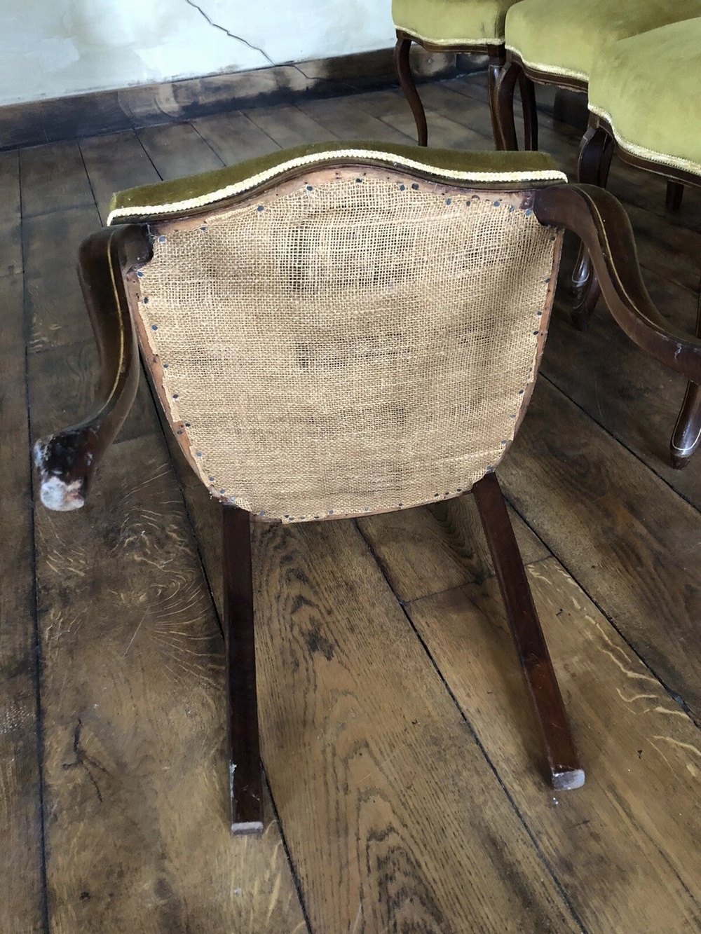 SOLD Quality Unique Original Rare Antique Olive Green and Gilt Marquetry inlaid Edwardian Chairs X 4