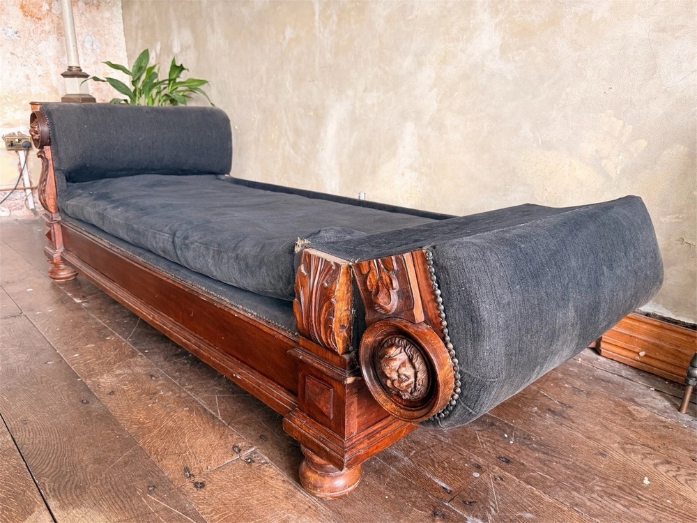 Rare Grey Black Antique Drop End Window Seat Daybed Chaise Longue Sofa 1880 C