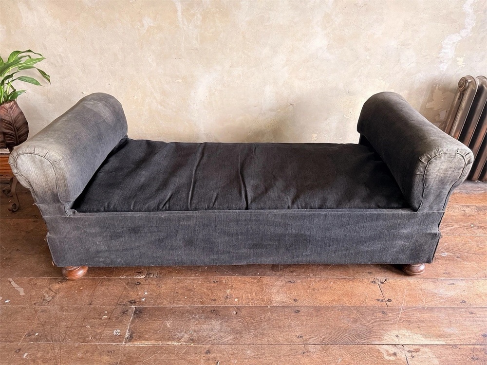 Rare Grey Black Antique Drop End Window Seat Daybed Chaise Longue Sofa 1880 C