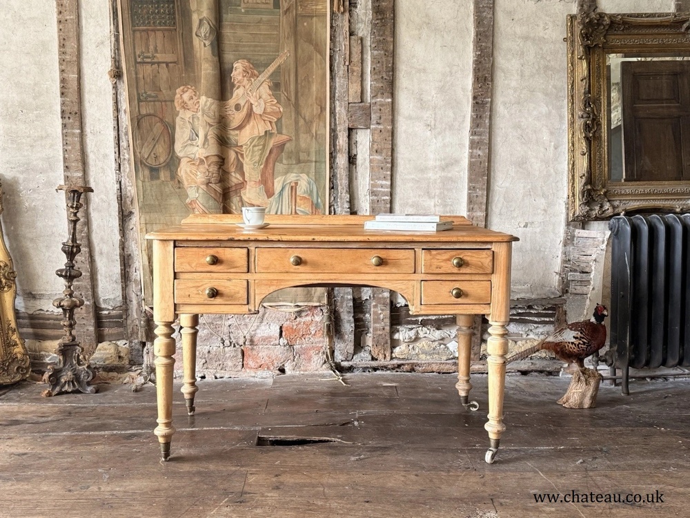Original English Farmhouse Rustic Antique Pine Writing Office Table Desk 1860c