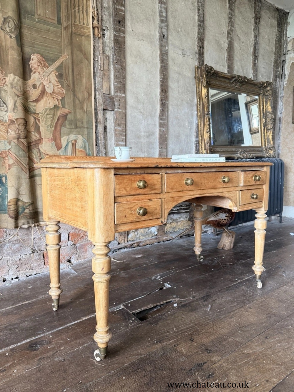 Original English Farmhouse Rustic Antique Pine Writing Office Table Desk 1860c