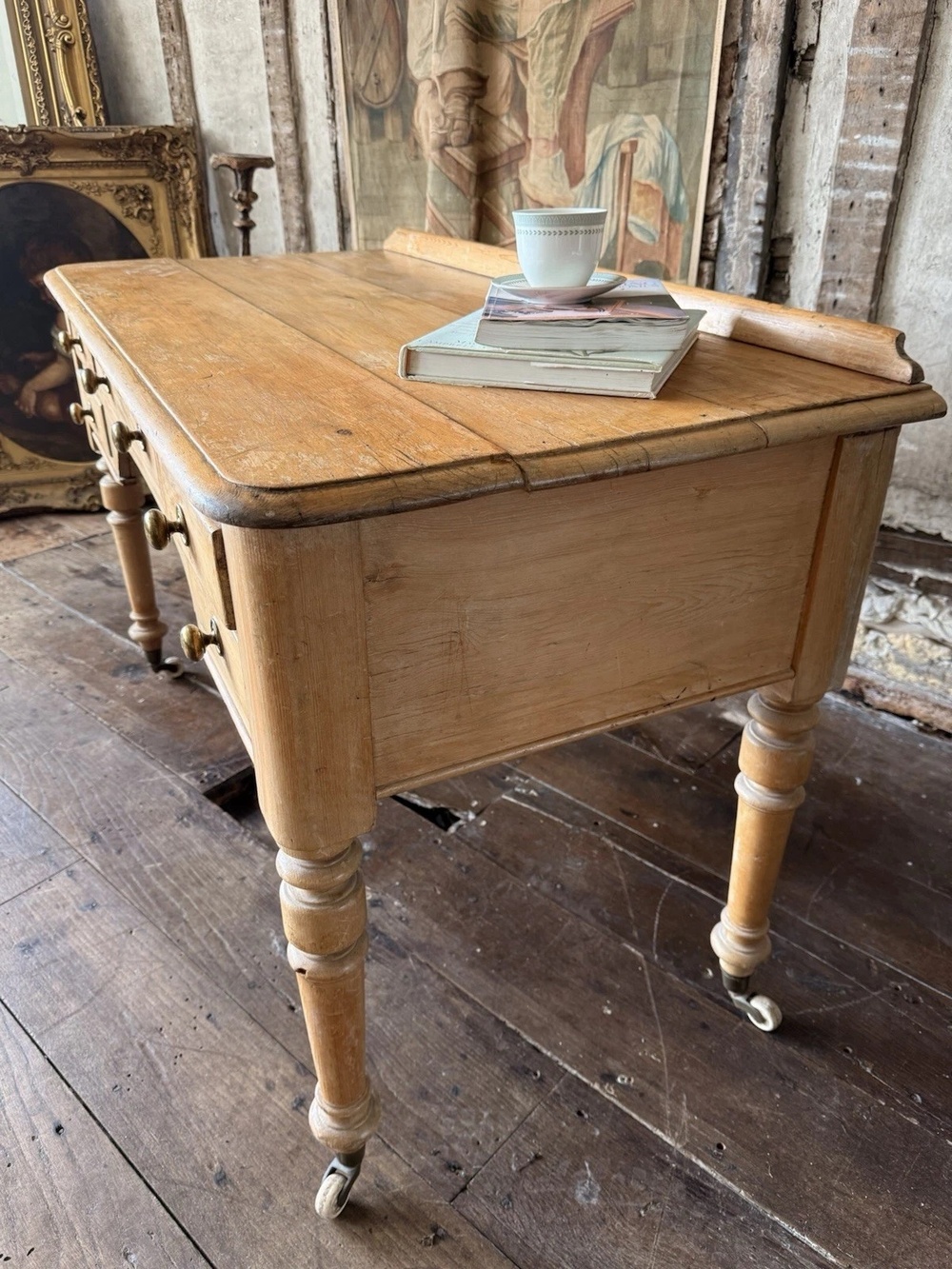 Original English Farmhouse Rustic Antique Pine Writing Office Table Desk 1860c