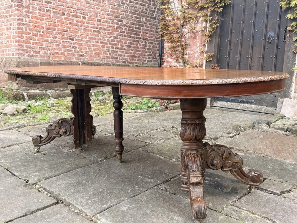 Rare French Antique Carved Oak Henri II Extending Split Pedestal Dining Table