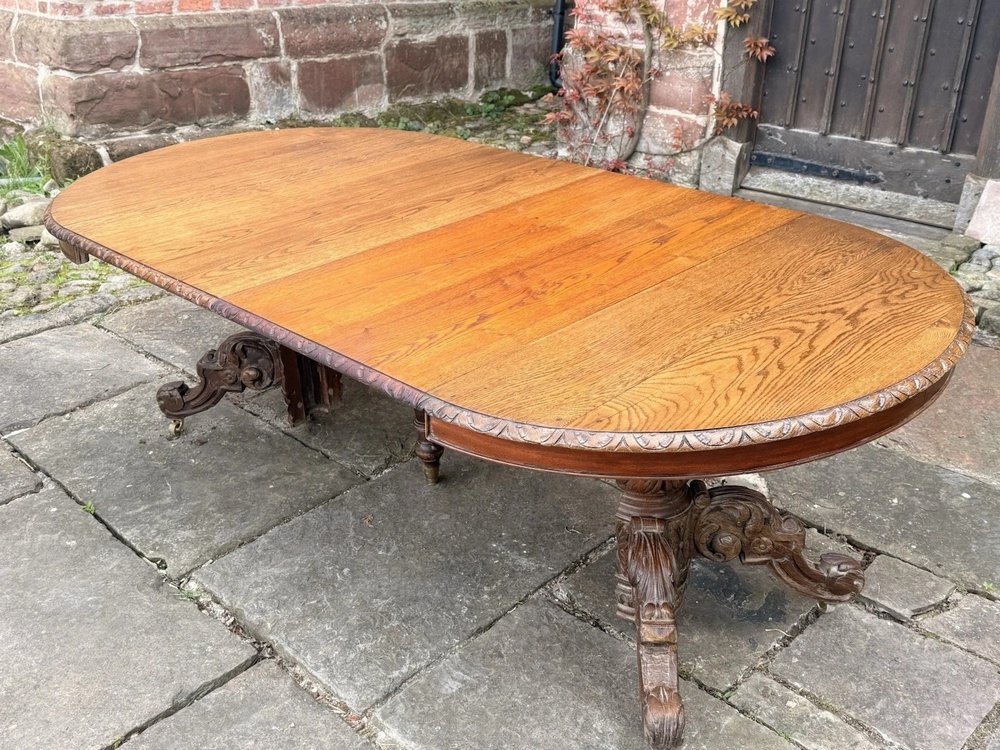 Rare French Antique Carved Oak Henri II Extending Split Pedestal Dining Table