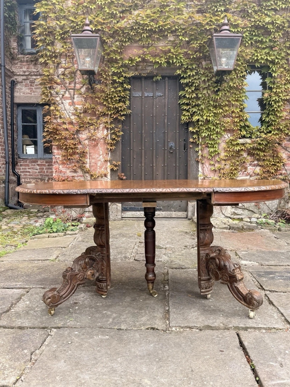 Rare French Antique Carved Oak Henri II Extending Split Pedestal Dining Table