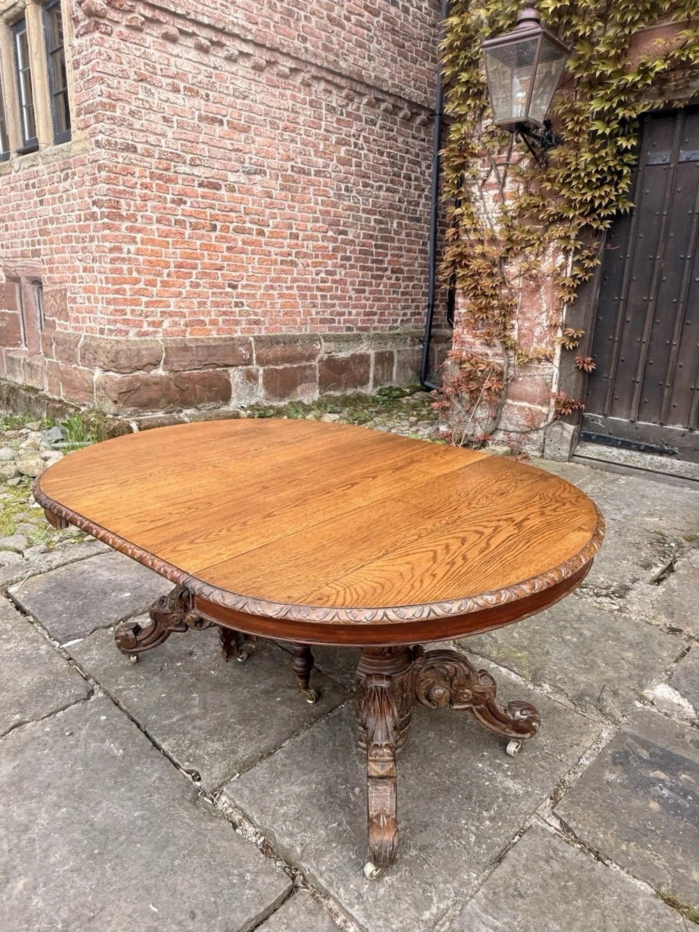 Rare French Antique Carved Oak Henri II Extending Split Pedestal Dining Table