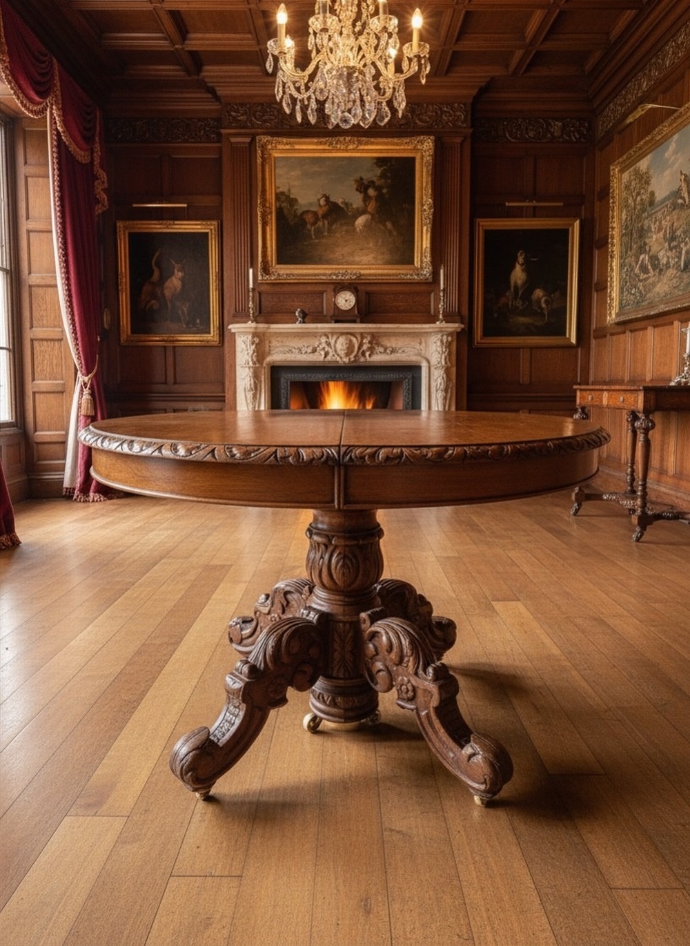 Rare French Antique Carved Oak Henri II Extending Split Pedestal Dining Table
