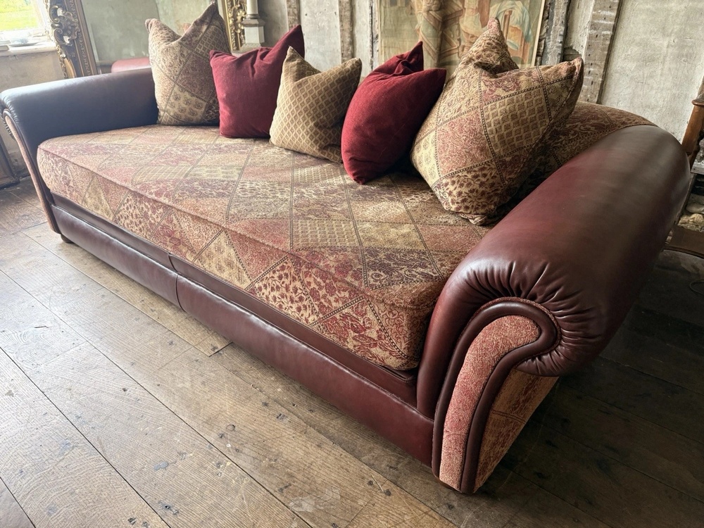 Vintage Tetrad Cleveland 4-Seater Ox Blood Tapestry Leather & Fabric Sofa Daybed