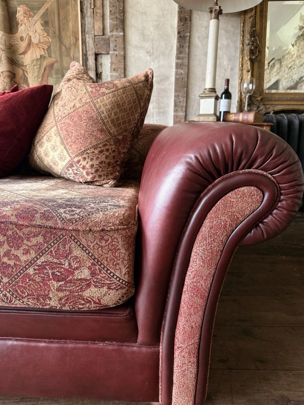 Vintage Tetrad Cleveland 4-Seater Ox Blood Tapestry Leather & Fabric Sofa Daybed