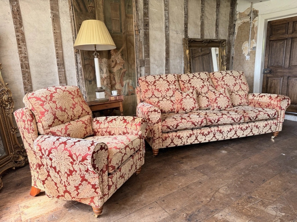 Duresta Southsea Oscar Russet Gold Damask Sofa Armchair 2 Piece Suite - Handmade in England